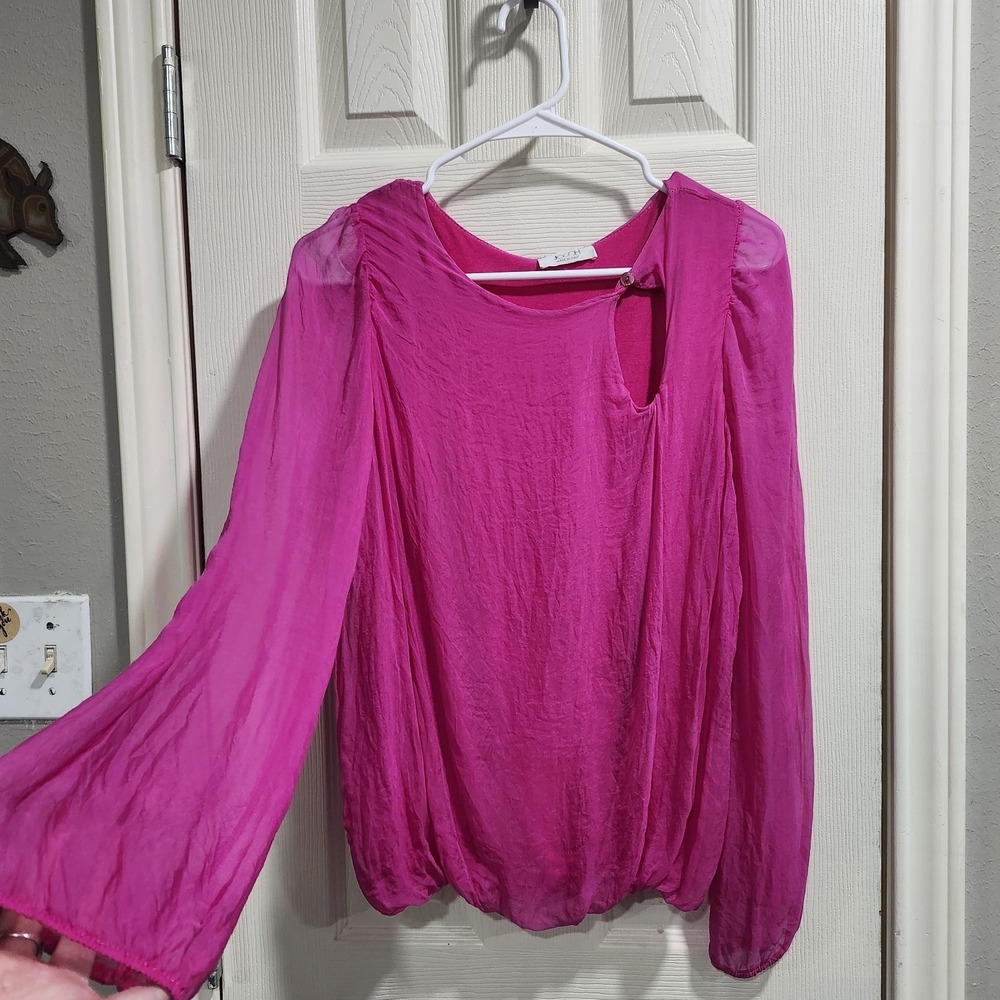 JOSH Made Italy Silk Blouse Womens Fuchsia Pink Sheer Sleeve Keyhole Top - Picture 3 of 12